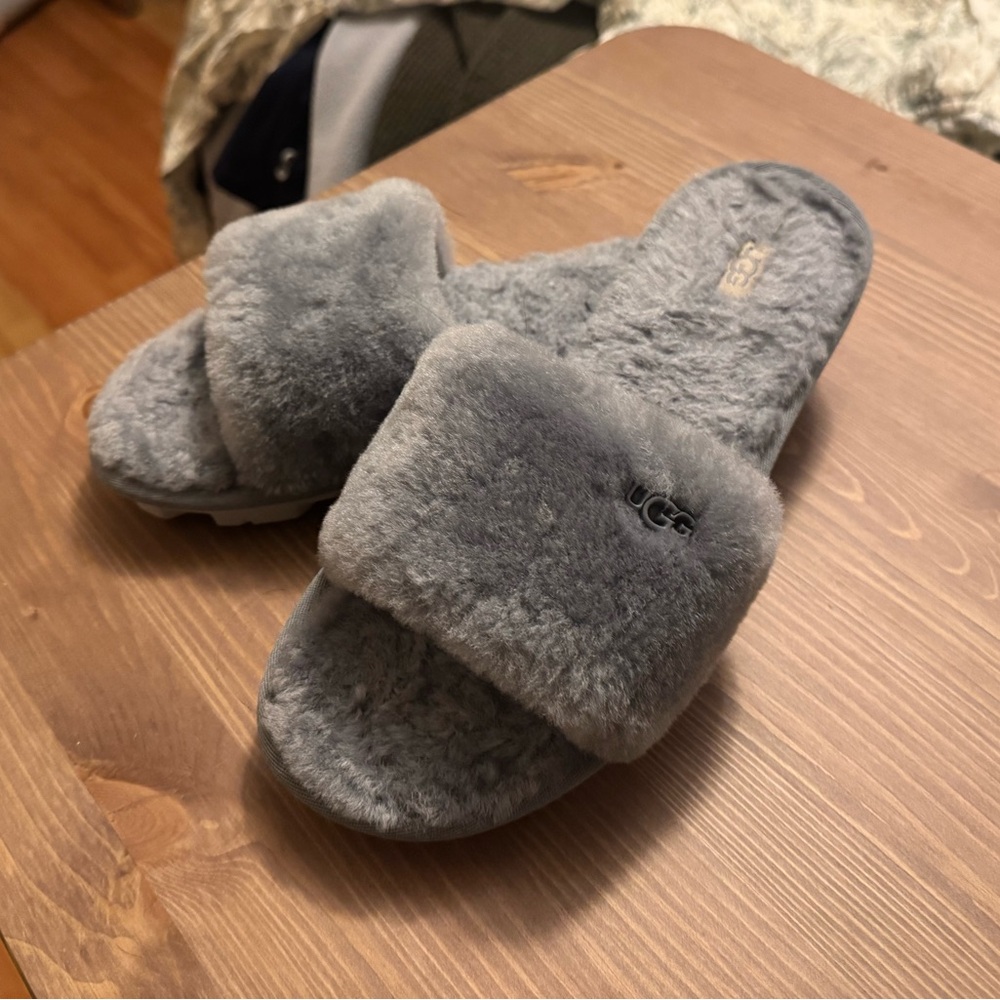 UGG Gray Shearling Slide Slippers Women’s Plush Fur Slides EUC